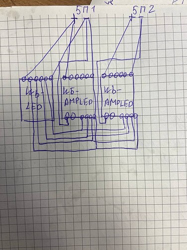 На изображении представлена схема подключения двух 7-сегментных индикаторов (5П1 и 5П2) с использованием усилителей (ИБ-AMPLG) и светодиодов (LED). (Captioned by AI)