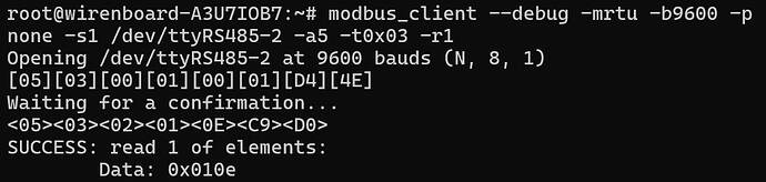 На изображении отображается консольный вывод команды modbus_client, показывающий успешное чтение данных с устройства через интерфейс RS485. (Captioned by AI)