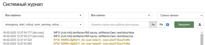 На изображении показан интерфейс системного журнала с фильтрами по сервисам и сеансам, а также записями логов, включая сообщения INFO и WARN. (Captioned by AI)