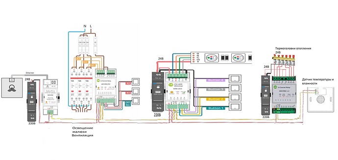Схема подключения системы управления освещением, вентиляцией и отоплением, использующая реле и датчики температуры и влажности. (Captioned by AI)