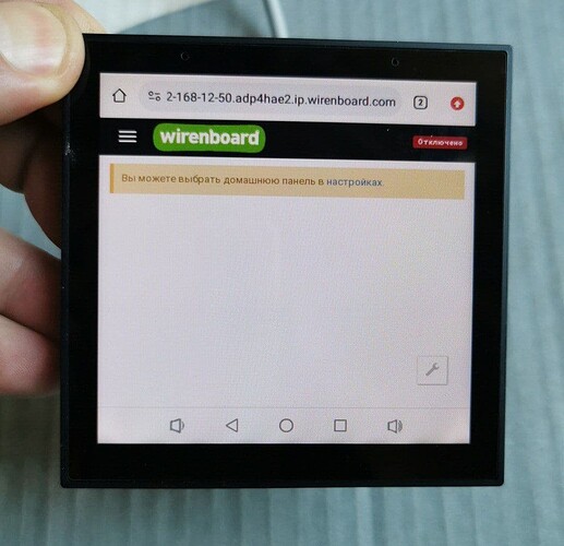 На изображении отображается экран устройства Wirenboard с веб-интерфейсом и сообщением о выборе домашней панели в настройках. (Captioned by AI)