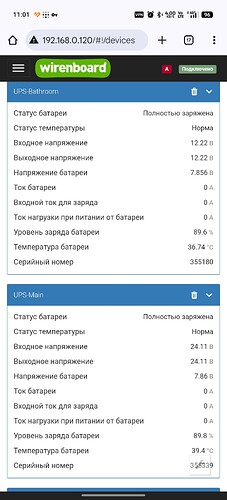 На изображении показаны данные о состоянии двух UPS (Bathroom и Main), включающие уровень заряда батареи, входное и выходное напряжение, ток и температуру батарей. (Captioned by AI)