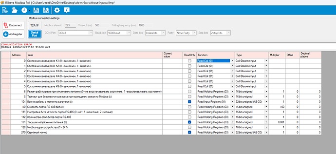На изображении представлено окно программы Rilheva Modbus Poll с информацией о состоянии различных реле и настройках связи Modbus, в котором также отображается ошибка тайм-аута связи. (Captioned by AI)