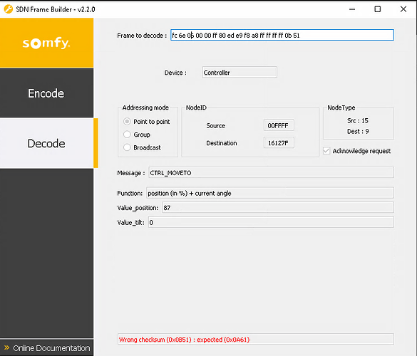 На изображении отображается интерфейс программы SDN Frame Builder версии 2.2.0, где выполняется декодирование сообщения с ошибкой контрольной суммы. (Captioned by AI)
