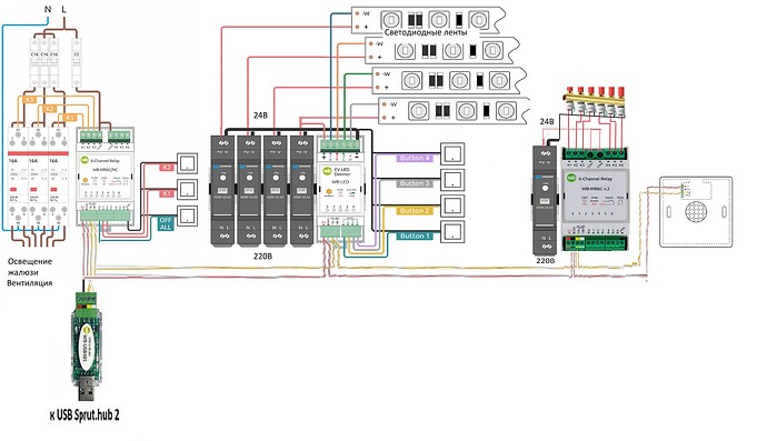 Это схема подключения, демонстрирующая схему управления освещением и вентиляцией с использованием реле и кнопок. (Captioned by AI)