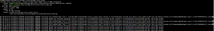 На изображении показан вывод команды systemctl, показывающий статус службы wb-mqtt-alice-client, интеграции клиента Yandex Alice с MQTT. (Captioned by AI)