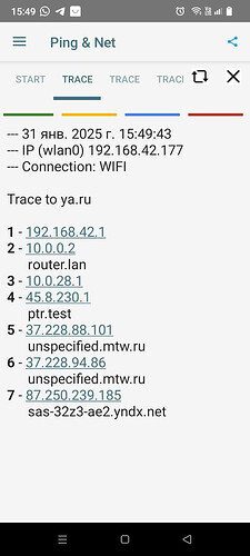 На изображении представлен интерфейс приложения "Ping & Net", отображающий трассировку маршрута к сайту ya.ru с подробностями о каждом хопе и IP-адресах. (Captioned by AI)