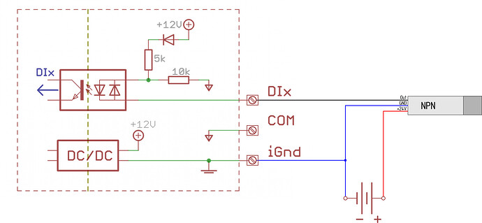 Схема показывает подключение блока DC/DC с диодом и резисторами к датчику, использующему NPN-транзистор, для управления мощностью. (Captioned by AI)
