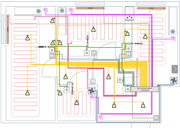 На изображении представлена схема электропроводки помещений с различными элементами, такими как светильники, розетки и системы управления. (Captioned by AI)