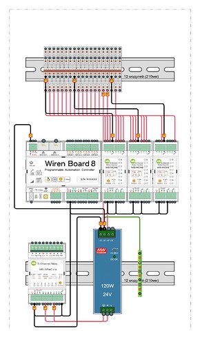 На изображении представлена схема подключения для управления automation консолью Wiren Board 8 с различными реле и источником питания 24V. (Captioned by AI)