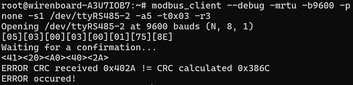 На изображении представлен вывод консольной команды modbus_client, в которой происходит ошибка проверки CRC при попытке общения через RS485. (Captioned by AI)