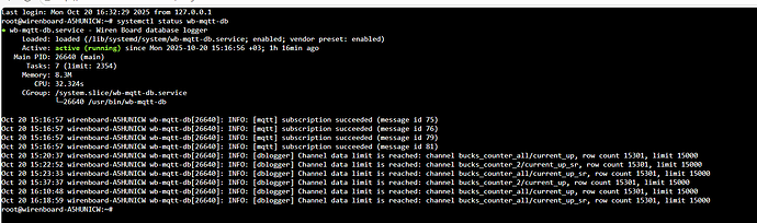 На изображении показан вывод команды , демонстрирующий, что служба базы данных Wiren Board активна и работоспособна, с сообщениями о подписках и ограничениях данных каналов. (Captioned by AI)