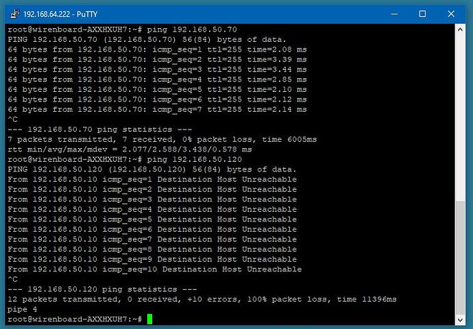 На изображении отображается интерфейс командной строки, показывающий результаты команды ping к IP-адресам 192.168.50.70 и 192.168.50.120, с разной потерей пакетов и статусом "Destination Host Unreachable". (Captioned by AI)