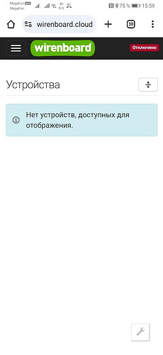 На изображении веб-интерфейс устройства wirenboard.cloud, отображающий сообщение о том, что нет доступных для отображения устройств. (Captioned by AI)