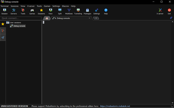 На изображении показан интерфейс программы MobaXterm с открытой вкладкой "Debug console". (Captioned by AI)