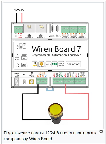 На изображении показано подключение лампы 12/24 В к контроллеру Wiren Board 7. (Captioned by AI)