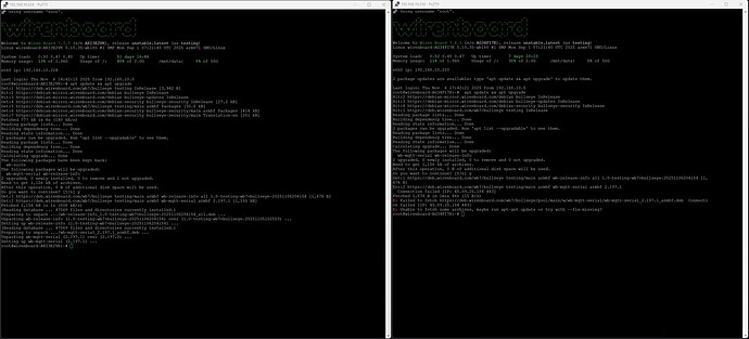 На изображении показаны два окна терминала PuTTY, в которых запущены сессии к устройству Wireboard с выводом командной строки и процессом обновления системы. (Captioned by AI)