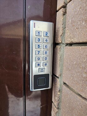 На изображении видно электронный замок с кнопочной панелью для ввода кода, установленный на двери рядом с кирпичной стеной. (Captioned by AI)