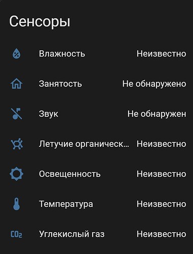 На изображении представлен список сенсоров с их состоянием, где все параметры имеют статус "Неизвестно" или "Не обнаружено". (Captioned by AI)