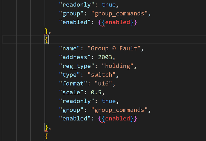 Изображение демонстрирует фрагмент кода в формате JSON с двумя объектами, содержащими параметры, такие как "name", "address" и "enabled". (Captioned by AI)
