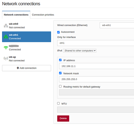 На изображении представлена конфигурация сетевых подключений с активным проводным соединением "wb-eth1" и его параметрами, включая IP-адрес и маску сети. (Captioned by AI)