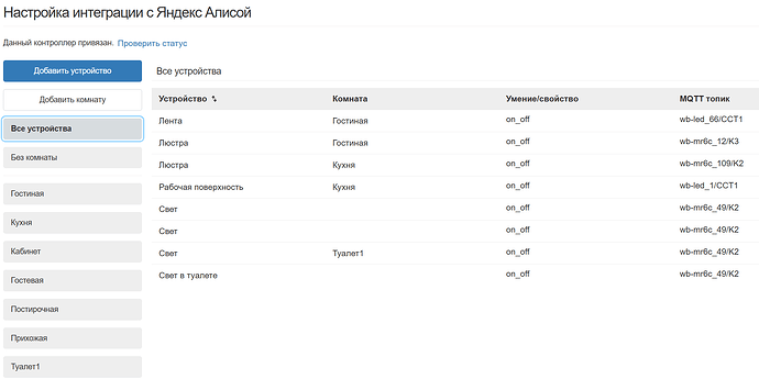 На изображении показан интерфейс настройки интеграции с Яндекс Алисой, где перечислены устройства в разных комнатах и их свойства. (Captioned by AI)