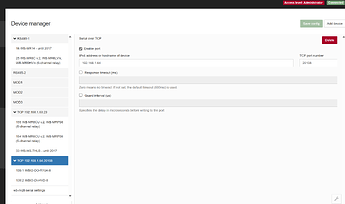 На изображении отображается интерфейс менеджера устройств с настройками TCP, включая ввод IP-адреса, номер порта и параметры тайм-аута. (Captioned by AI)