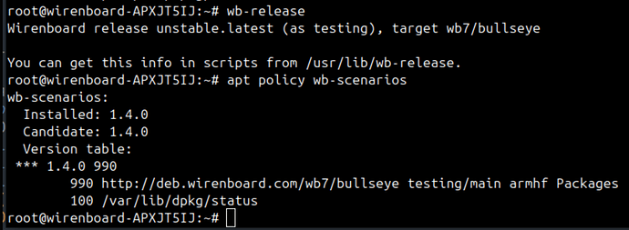 На изображении показан терминал, в котором выполняются команды для проверки информации о версии программного обеспечения на устройстве Wirenboard. (Captioned by AI)
