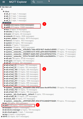 Изображение показывает интерфейс MQTT Explorer с перечислением различных устройств и количеством тем и сообщений, связанных с каждым из них. (Captioned by AI)