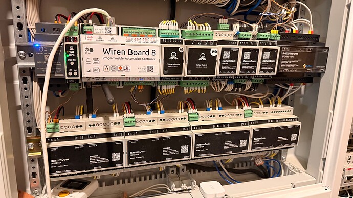 На изображении представлен электрический шкаф с оборудованием, включая Programmable Automation Controller Wiren Board 8 и несколько модулей RazumDom, соединенных проводами. (Captioned by AI)