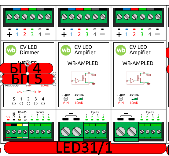 На изображении показана электрическая схема, включающая CV LED Dimmer и два CV LED Amplifier с обозначениями подключения и рабочих параметров. (Captioned by AI)