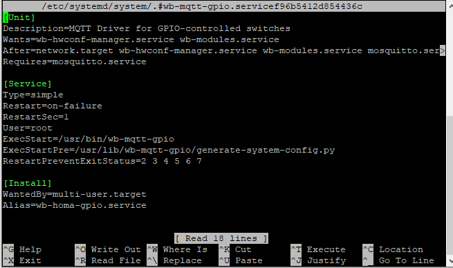 На изображении представлен файл конфигурации сервиса systemd для драйвера MQTT, управляющего GPIO-переключателями. (Captioned by AI)