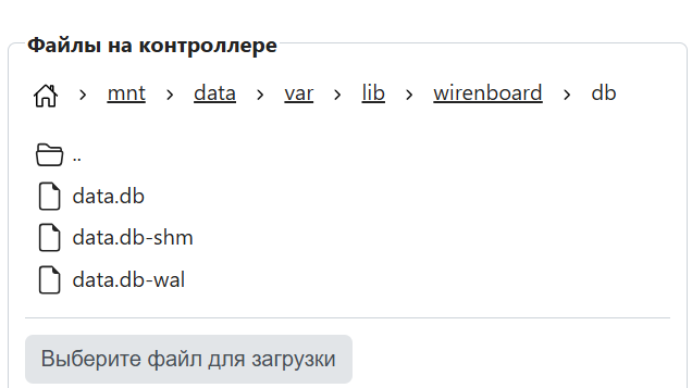 На изображении представлен интерфейс файловой системы контроллера, где показаны файлы в директории db, включая data.db, data.db-shm и data.db-wal. (Captioned by AI)