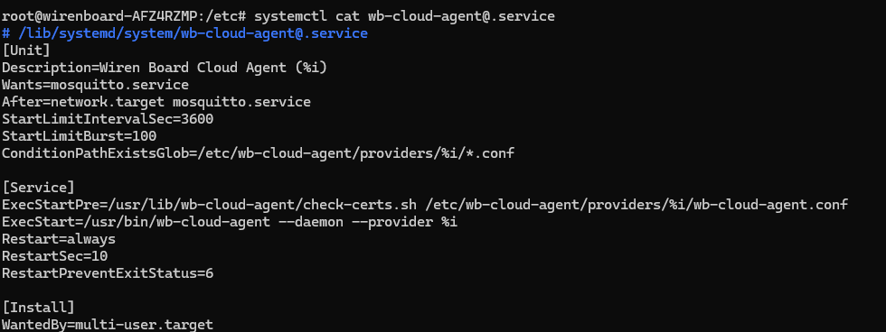 На изображении представлен фрагмент файла конфигурации systemd для сервиса "wb-cloud-agent". (Captioned by AI)