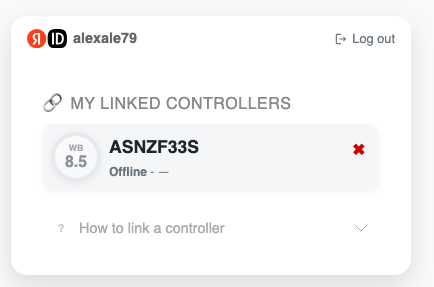 На изображении показан интерфейс пользователя с указанным именем пользователя "alexale79", в котором отображается отключенный контроллер с идентификатором "ASNZF33S" и статусом "Offline". (Captioned by AI)