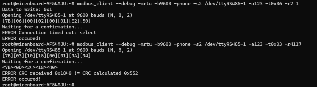 На изображении показан вывод терминала с ошибками при использовании modbus_client, включая тайм-аут соединения и несовпадение контрольной суммы. (Captioned by AI)