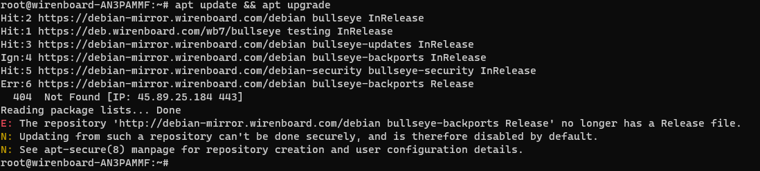 На изображении показан терминал с выводом команды , сообщающим об ошибке доступа к репозиторию Debian bullseye-backports. (Captioned by AI)