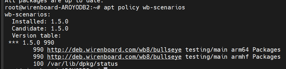 На изображении показан вывод команды apt policy для пакета wb-scenarios, отображающий установленную версию 1.5.0 и источники пакетов. (Captioned by AI)