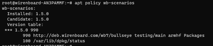 На изображении представлена команда терминала, показывающая информацию о пакете "wb-scenarios", установленном в системе с версией 1.5.0. (Captioned by AI)