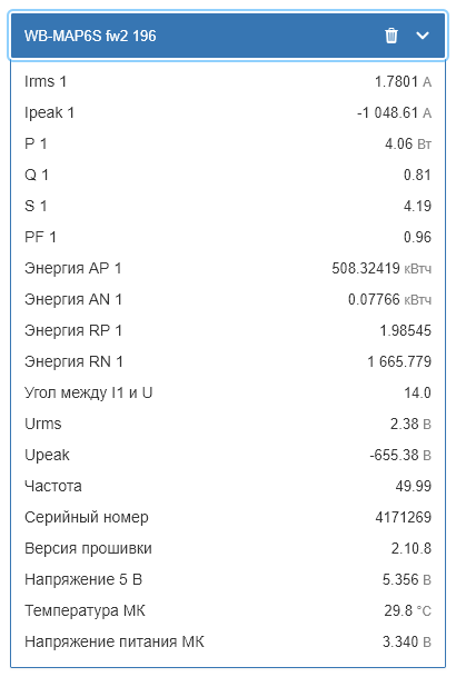 На изображении представлена таблица с техническими данными устройства WB-MAP6S, включая параметры тока, энергии, напряжения и температуры. (Captioned by AI)