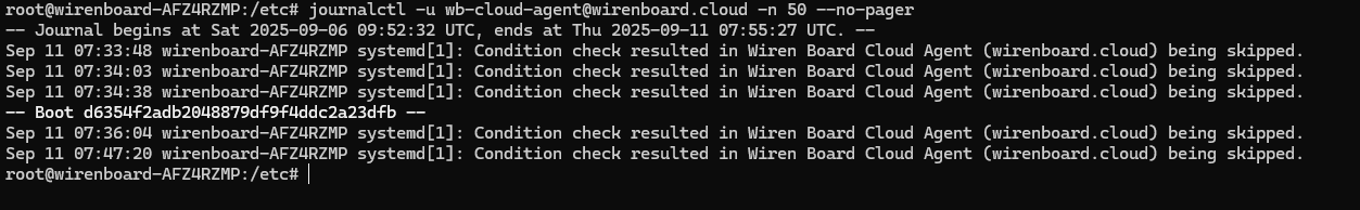 На изображении отображается вывод команды journalctl, показывающий состояние службы "Wiren Board Cloud Agent" с сообщениями о пропуске проверок условий. (Captioned by AI)