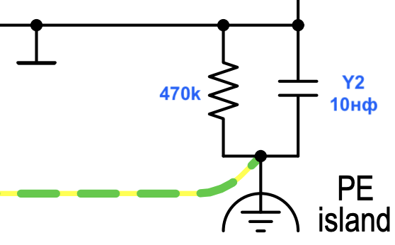 На изображении показана схема электрической цепи с резистором в 470 кОм, конденсатором Y2 на 10 нФ и заземлением PE island. (Captioned by AI)